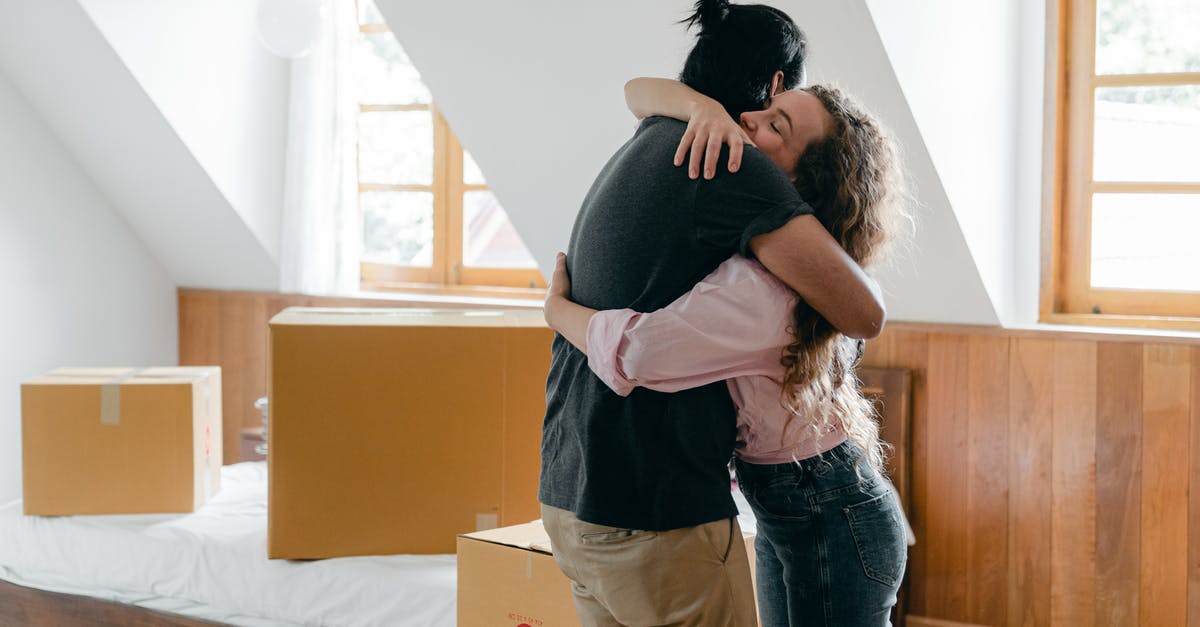 What do abbreviations in movie scripts stand for? - Side view of young multiethnic couple embracing each other while finishing relocation and standing near carton boxes in light spacious bedroom
