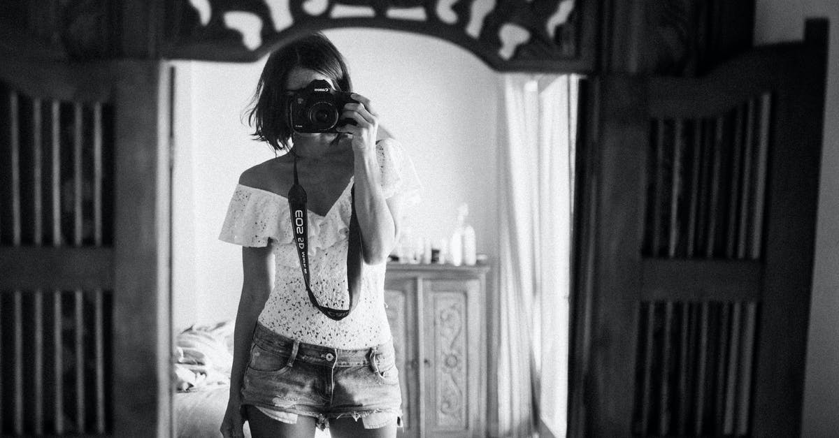 What do the alphanumeric names of scripts stand for in the short movie "George Lucas in love"? - Black and white of casual female photographer in summer clothes standing against mirror in light room and taking photo with camera