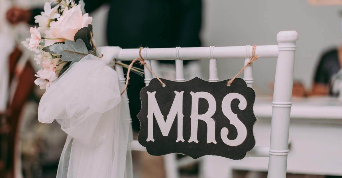 What happened to Mrs. Teavee? - A Black and White Mrs Sign Hanging on a White Wooden Chair with Veil and Flowers