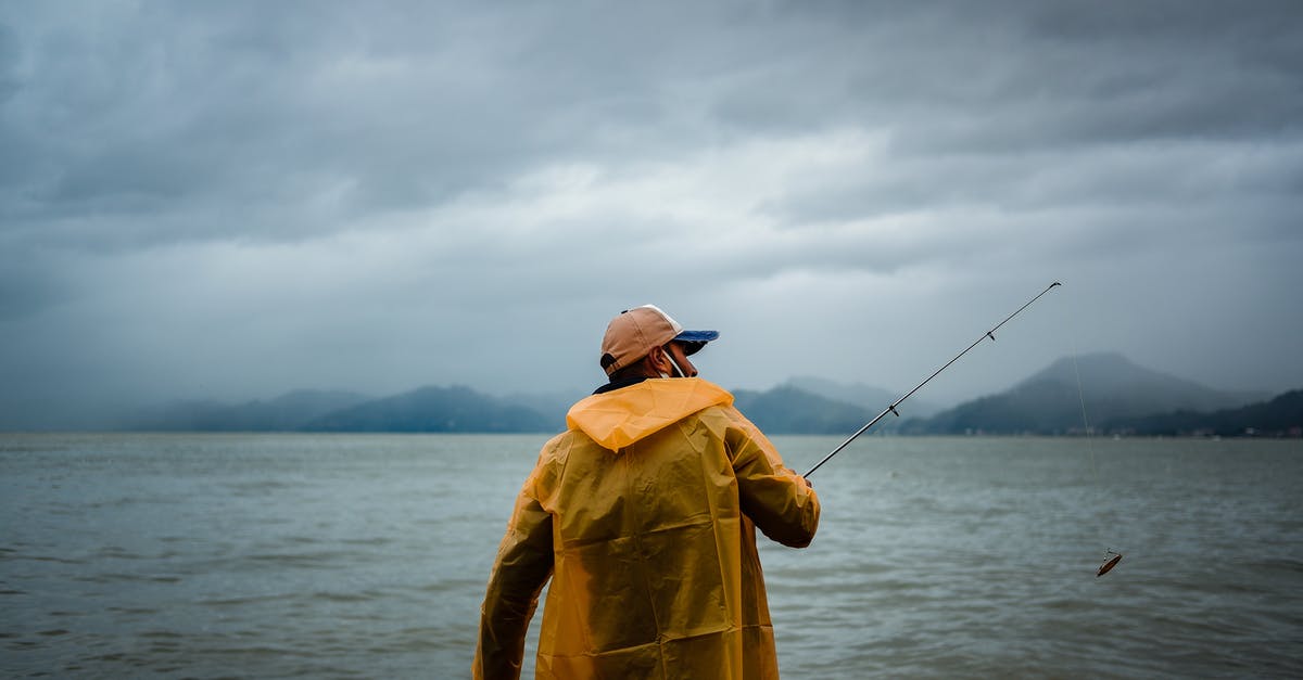 What happened to the rest of the Animaniacs cast? - Back view of unrecognizable fisherman in yellow raincoat and mask casting fishing rod on rippled water against view of misty mountains and cloudy sky