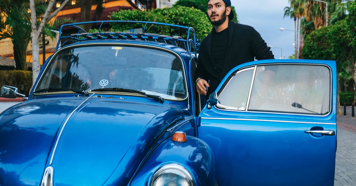 What happens to the old guy sharing the car with Samantha after the crash? - Young bearded male standing near colorful blue old timer automobile with shiny surface and open door on embankment between trees under cloudy sky in summer and looking away