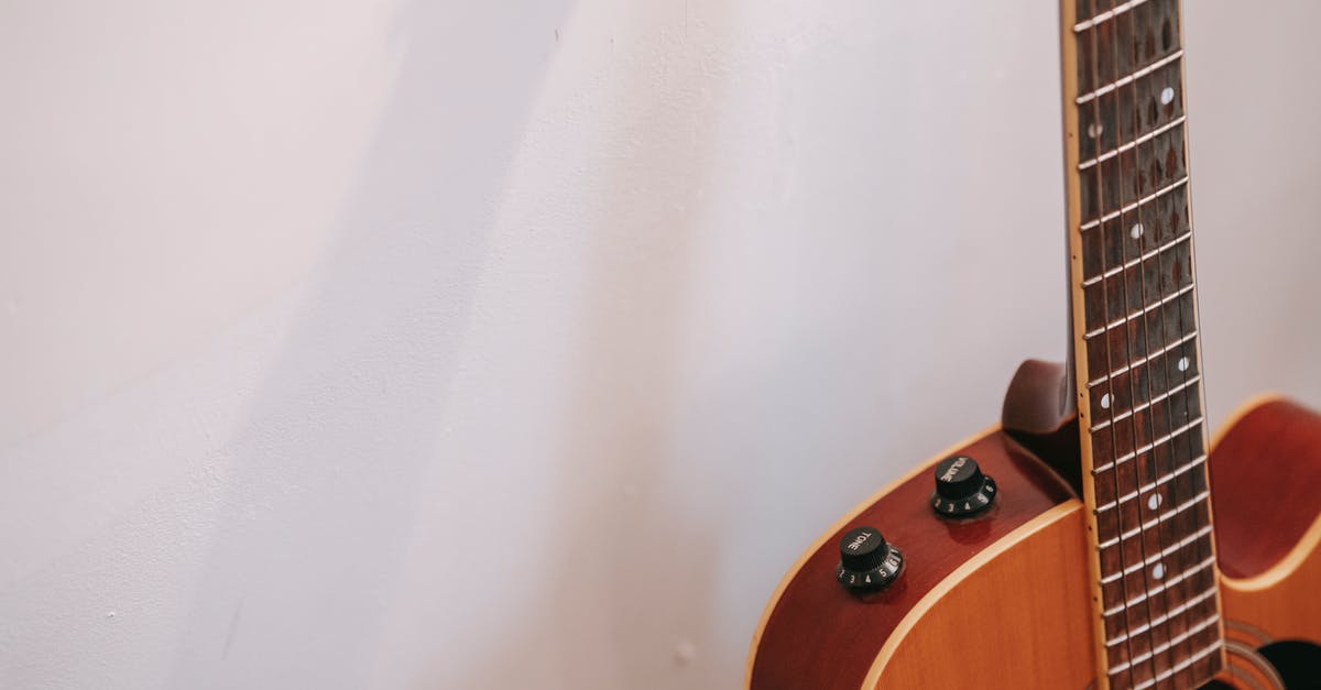 What is the body part that rhymes with Dolores? - Detail of guitar neck with volume and tone knobs on body of brown musical instrument placed near white wall with shadow