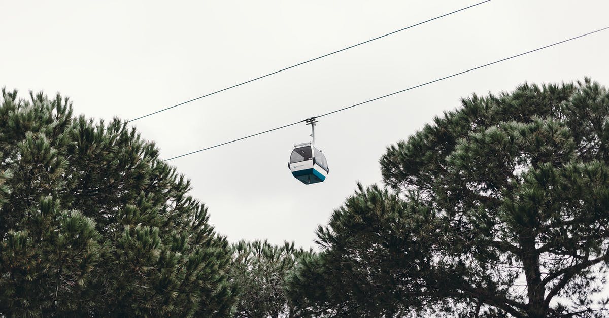 What is the significance of the missing elevator car? - From below of modern cable car over green trees under cloudy sky in daylight