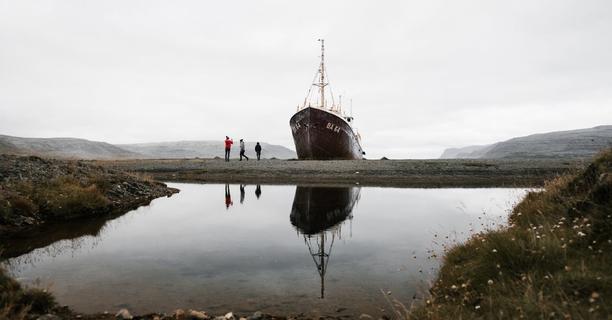What is this piece of land? - Group of tourists standing near old ship reflecting in pond