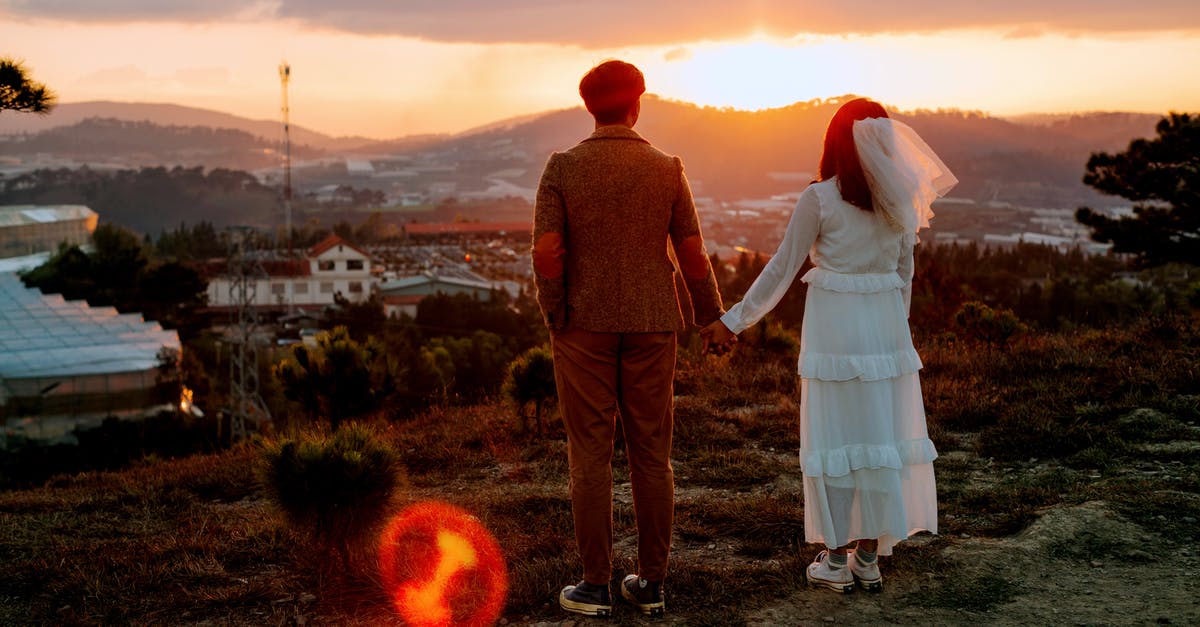 What was the biggest actor-actress height mismatch in a romantic feature film? [closed] - Back view of couple in wedding clothes standing and holding hands on high hill above modern city under colorful sky at sunset