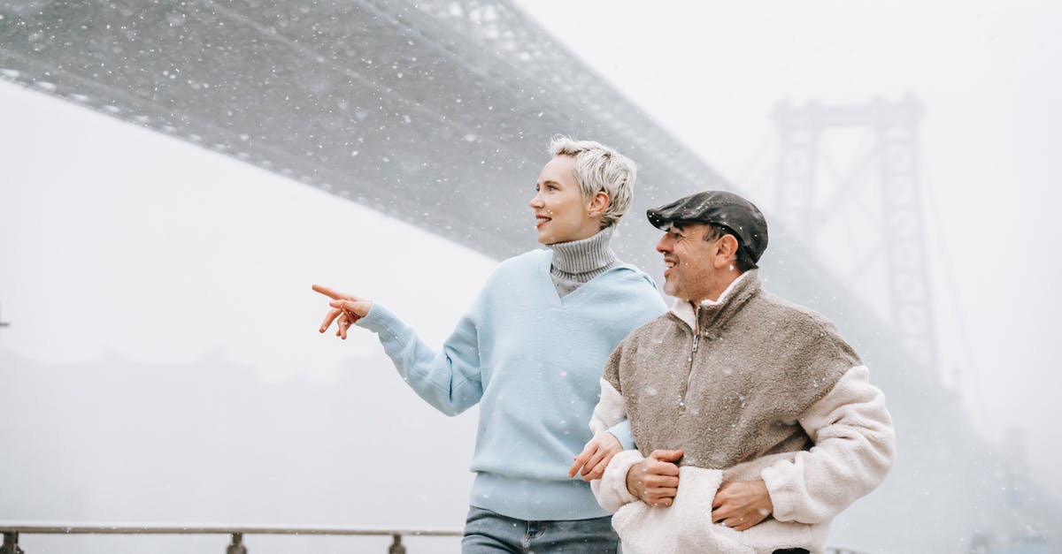 What was the point of the bridge scene? - Adult female showing river to male partner while talking against urban bridge in fog and looking away