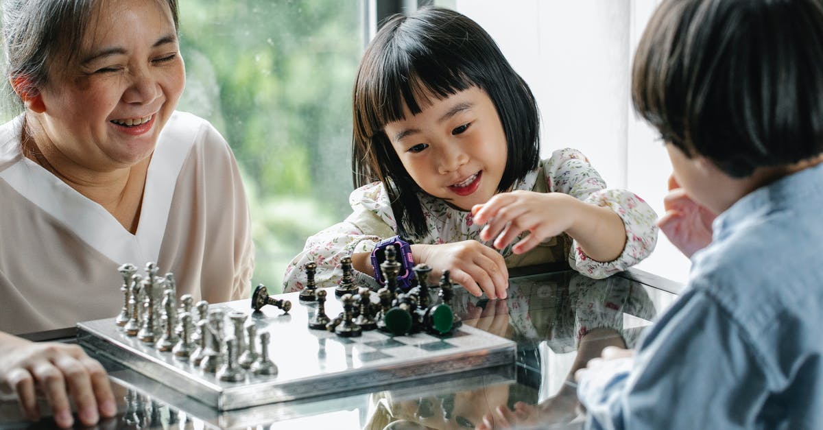 What’s the logic behind the Elder asking to kill Winston? - Crop cheerful elderly ethnic female helping adorable little grandchildren playing chess at table in light room