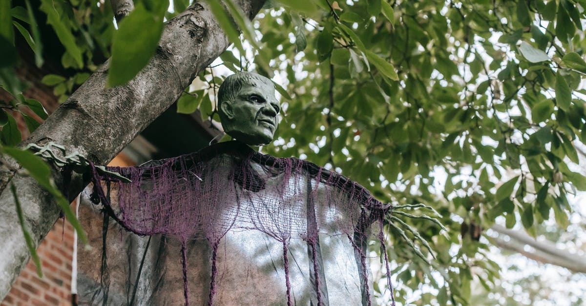 Where does the Green Goblin's mask come from? - Low angle of green tree with creepy skeleton figure in Frankenstein mask hanging on branches near house in Halloween