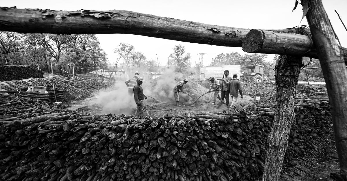 Where has Woody been? - Black and white group of male workers with shovels around dusty pile during wood preparation