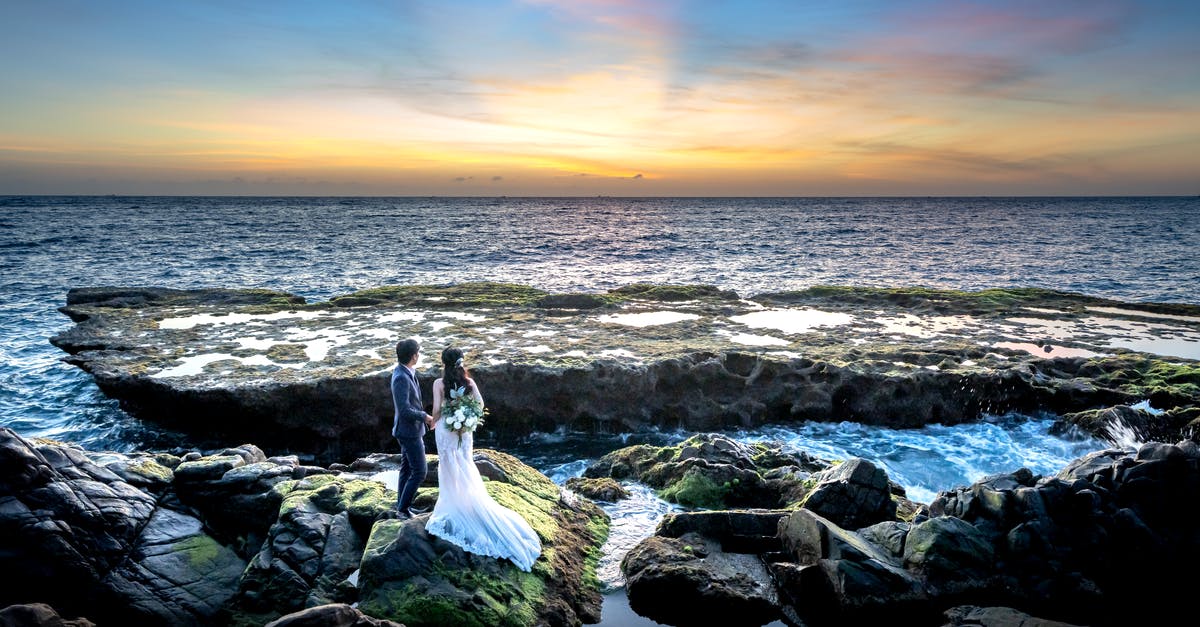 Which characters were at the wedding in Rocky Horror? - Back view of unrecognizable young bride and groom inelegant outfits standing on rough rocky boulder and admiring sunset over ocean
