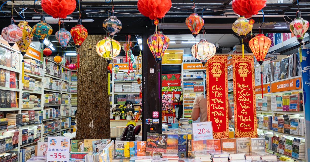 Why are movies so different from the original books? - Local book shop with collection of various literature on bookshelves with traditional red decorative Chinese lanterns and hieroglyphs in city