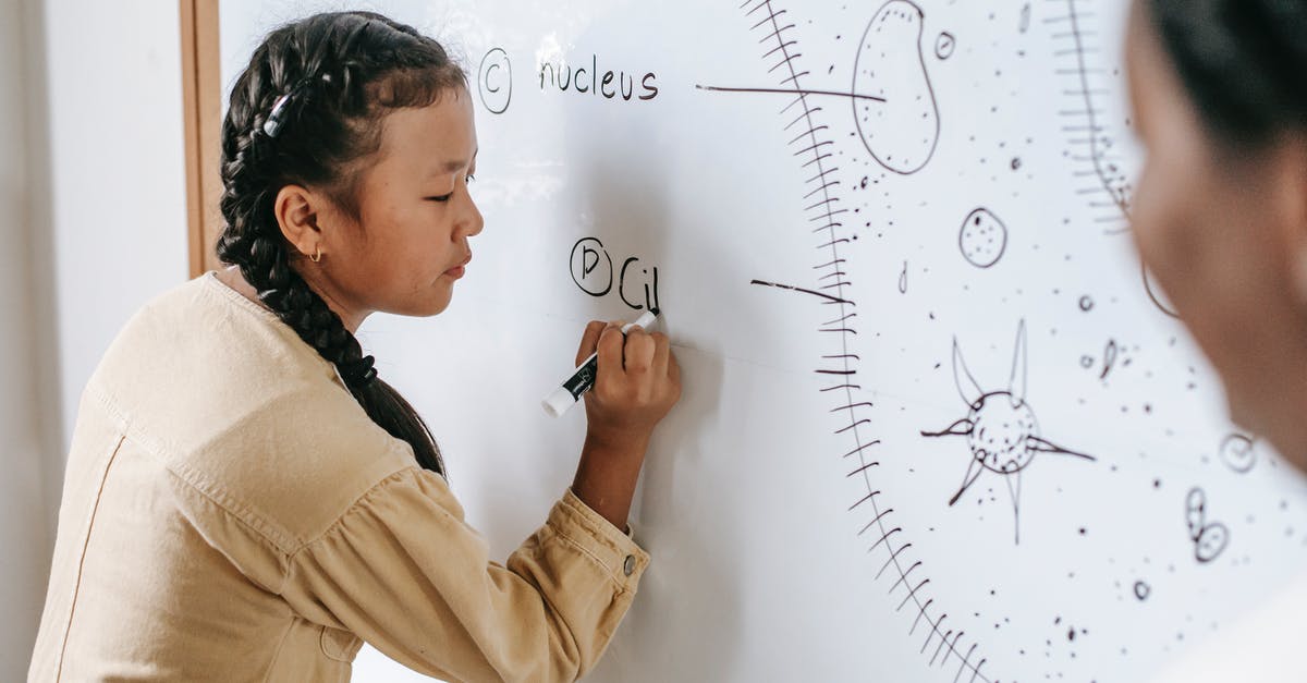 Why couldn't Clara understand the aliens? - Side view of ethnic schoolgirl holding marker pen and writing on whiteboard during biology lesson in school