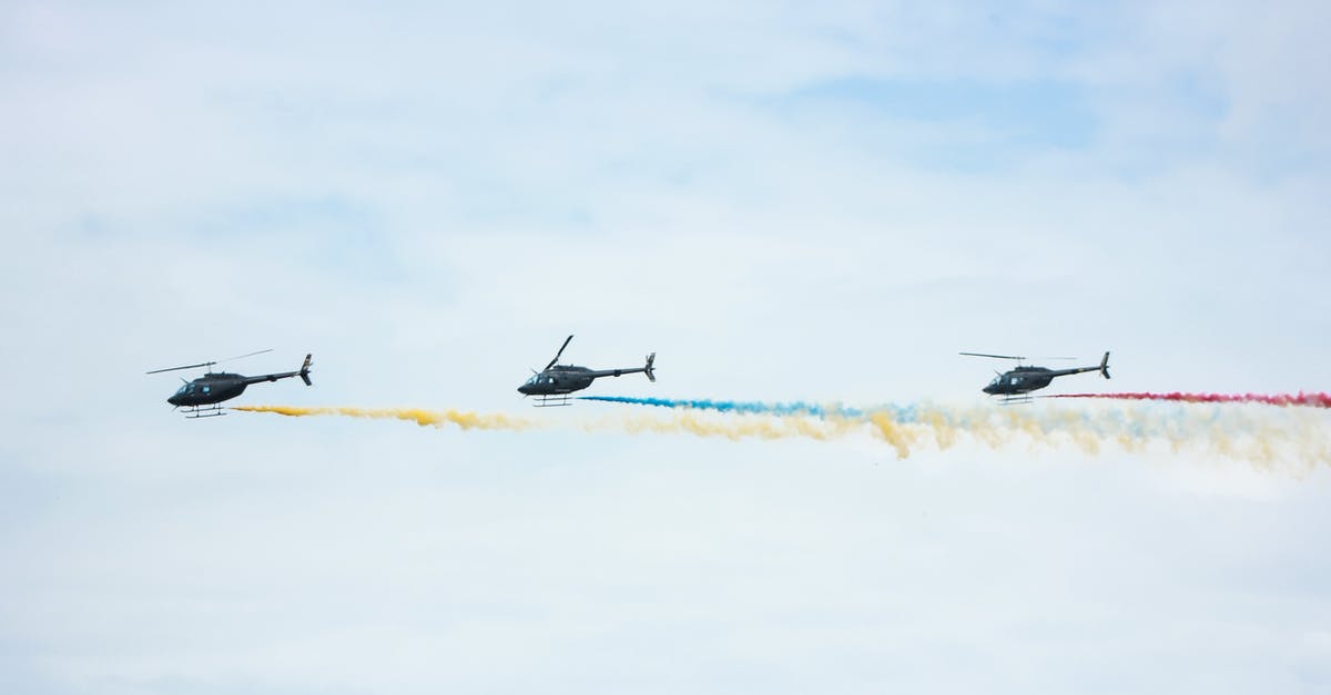 Why couldn't the black smoke fly away from the island? - From below of identical black helicopters with long tails and propellers flying in cloudy sky while leaving colorful wavy traces with smoke effect in daylight