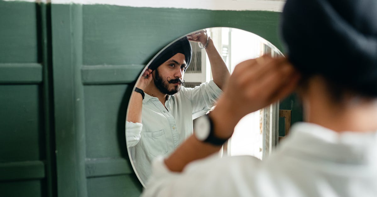 Why did French see himself as Homer in the mirror? - Back view of Indian man with beard wearing turban and looking in mirror while standing in front of mirror in modern bathroom