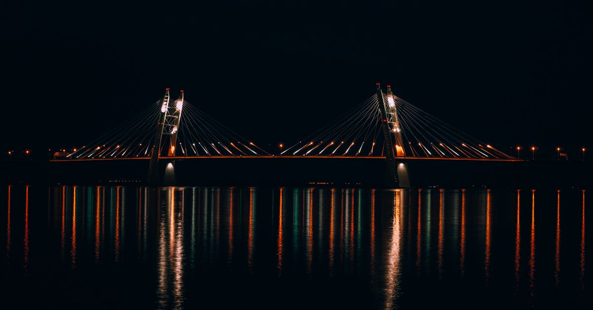Why did James Donovan not stay at the Hilton in Bridge of Spies? - Contemporary cable stayed bridge with lights reflecting in rippled water under black sky in town at dusk