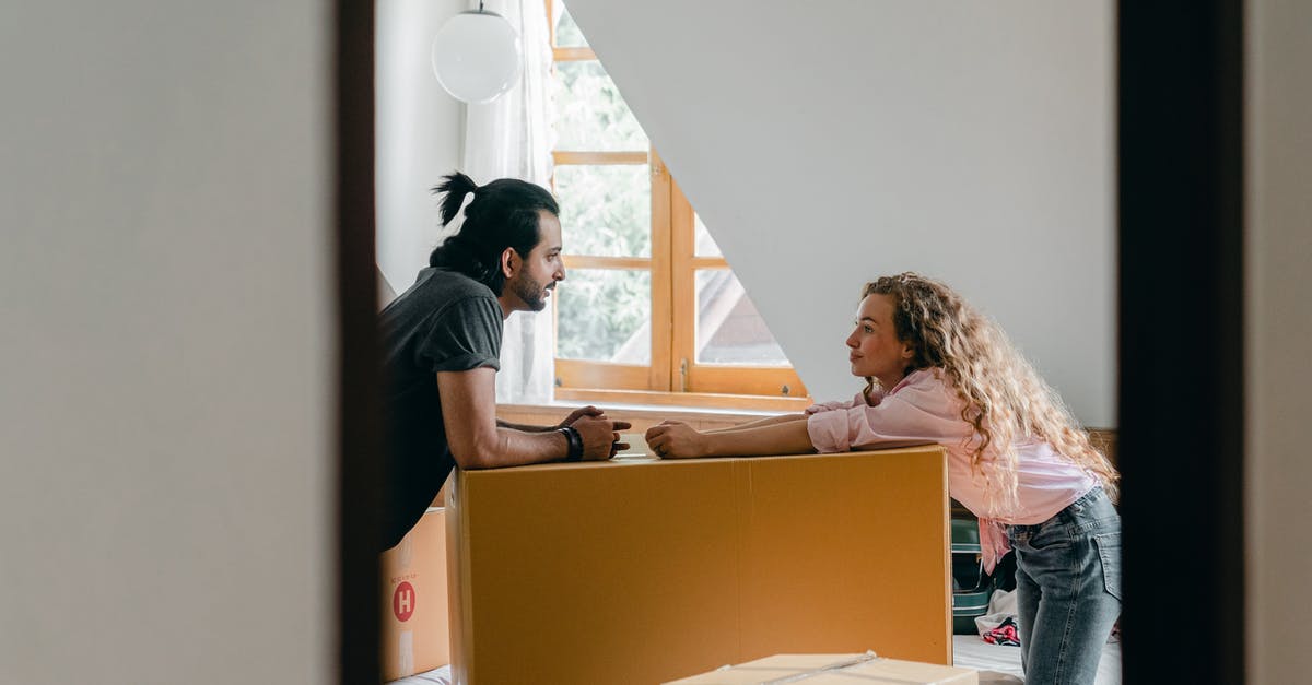 Why did Spider-Man take a detour to Dorset? - Side view from entrance of cheerful young ethnic bearded man with ponytail and woman with curly hair leaning on large cardboard package while arranging stuff in cozy attic bedroom