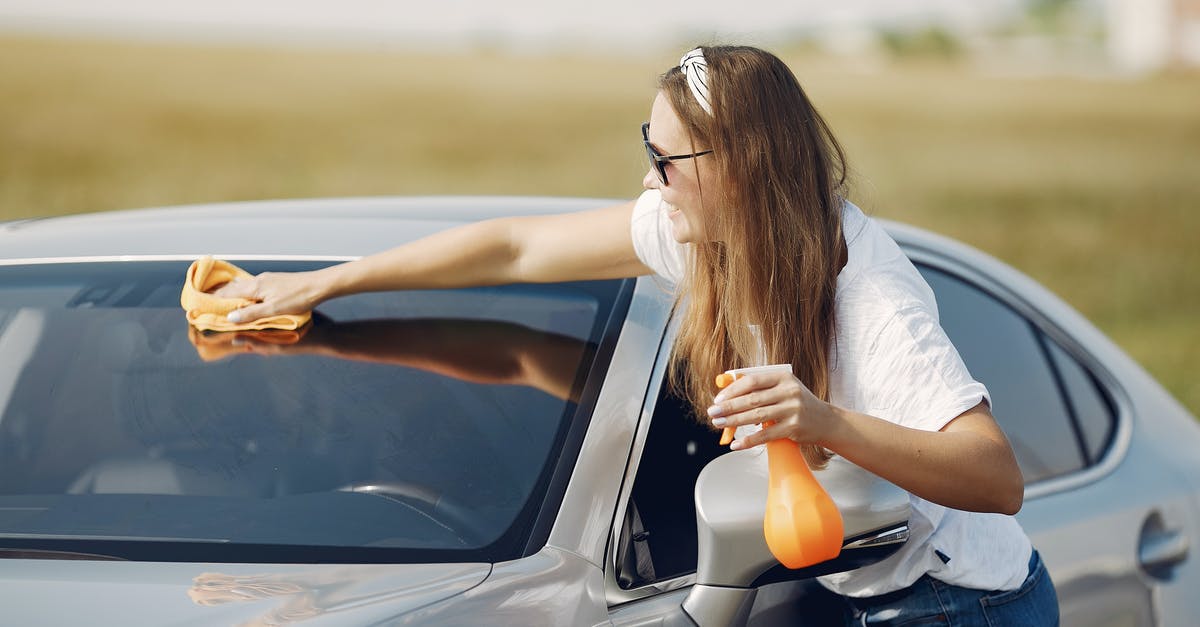 Why didn't Gary Powers use the cyanide in the coin? - Side view of cheerful female driver in sunglasses and casual clothes cleaning windshield of modern car with microfiber cloth and spray bottle against green field