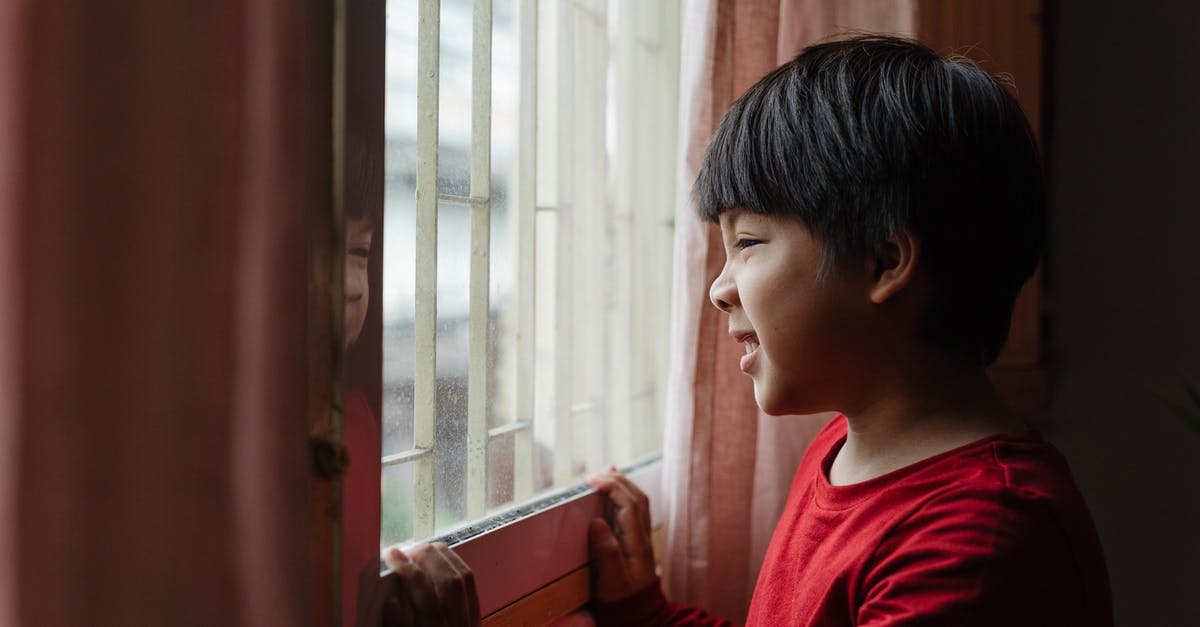 Why didn't the 2019 Oscars have a host? - Side view content little Asian boy in red shirt wrinkling nose and grimacing while standing near window and looking out