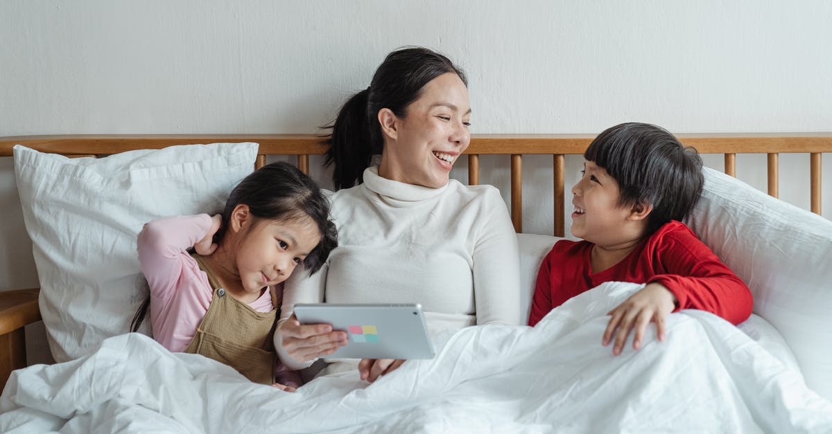 Why do Joan and Annie's children have their names sewed on mats? - Positive ethnic mother and little daughter and son having fun together in cozy bed in morning while using tablet
