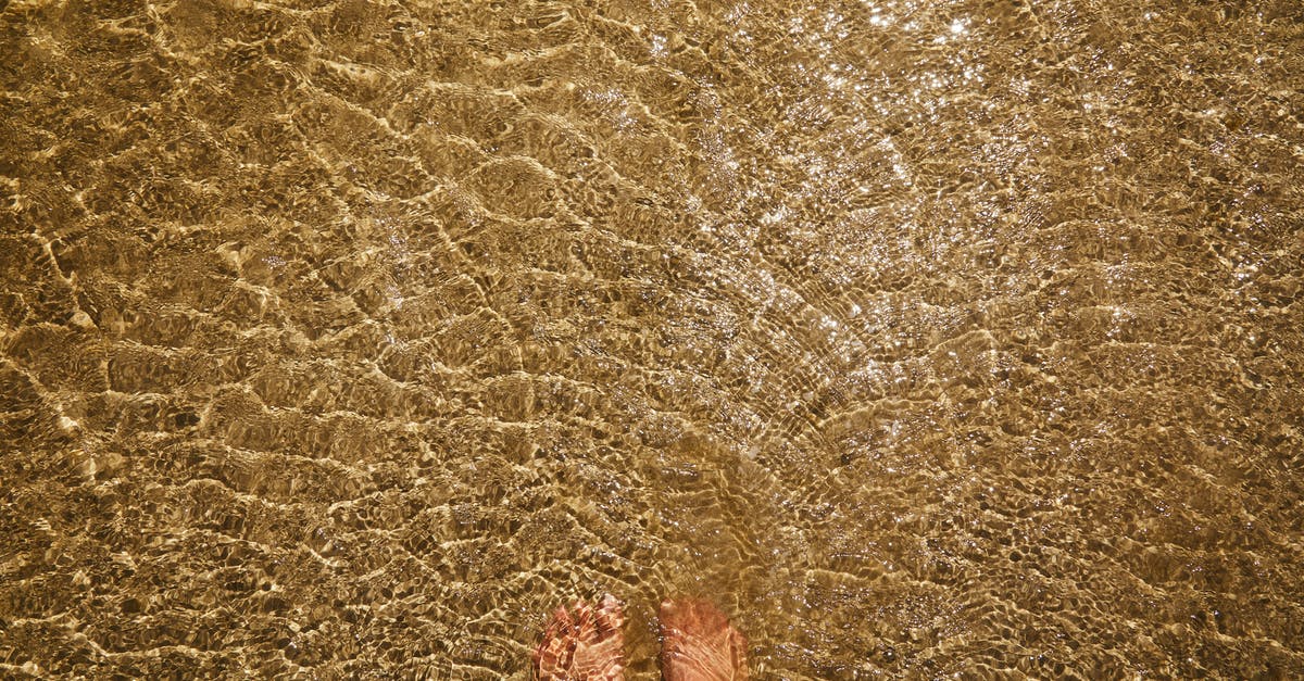 Why do movie credits scroll from the bottom to the top of the screen? - Top view of crop anonymous barefoot female standing in pure transparent rippling water of sea with sandy bottom