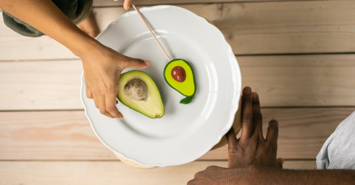 Why do translated subtitles differ from the dubbed voice? - Top view of crop anonymous African American people near white plate with half of ripe avocado and sweet lollipop with similar shape