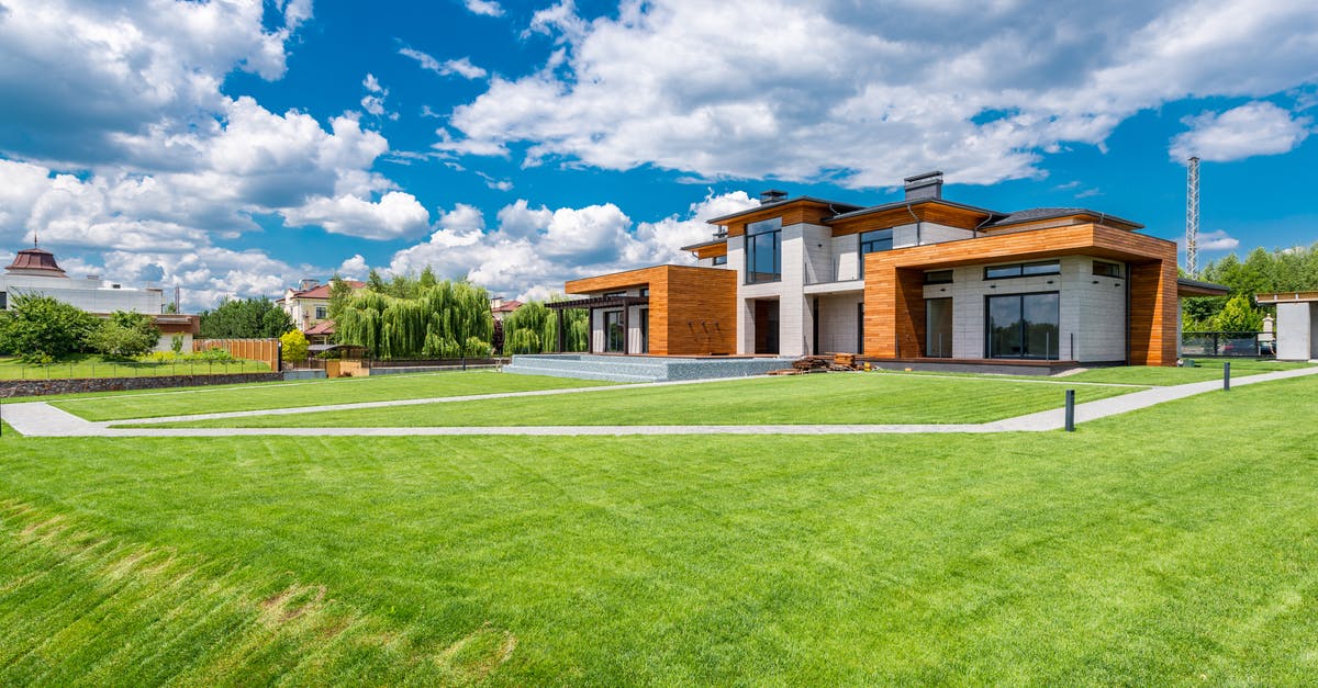 Why does Logan stab walls? - Exterior of modern residential house with wooden walls and green grass growing in yard against blue sky with white clouds