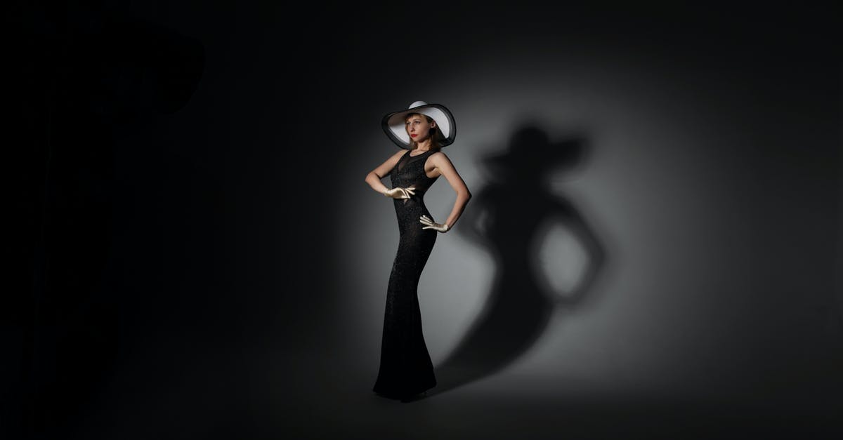 Why does the spotlight slowly appear when they started talking? - Side view of confident slim lady in elegant black maxi dress and white straw hat standing near wall with shadow with hand on hip and looking away