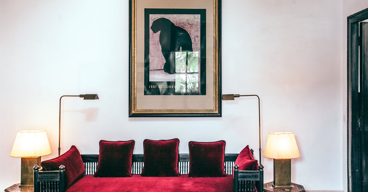 Why is the mansion called "Rose Red"? - Comfortable couch with velvet red pillows between stylish lamps near creative painting on wall in light modern living room