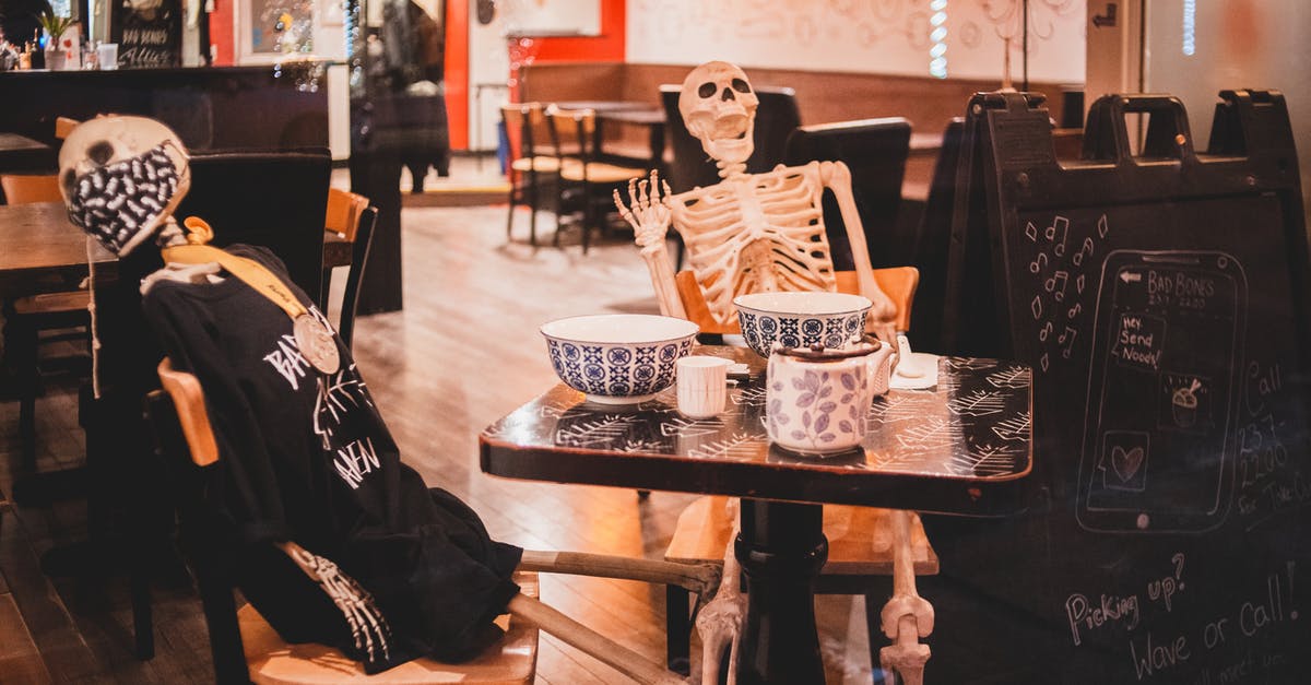 Why is the spacesuit design so strange in Sunshine? - Modern cozy cafe interior with skeletons at table as decoration for Halloween holiday celebration