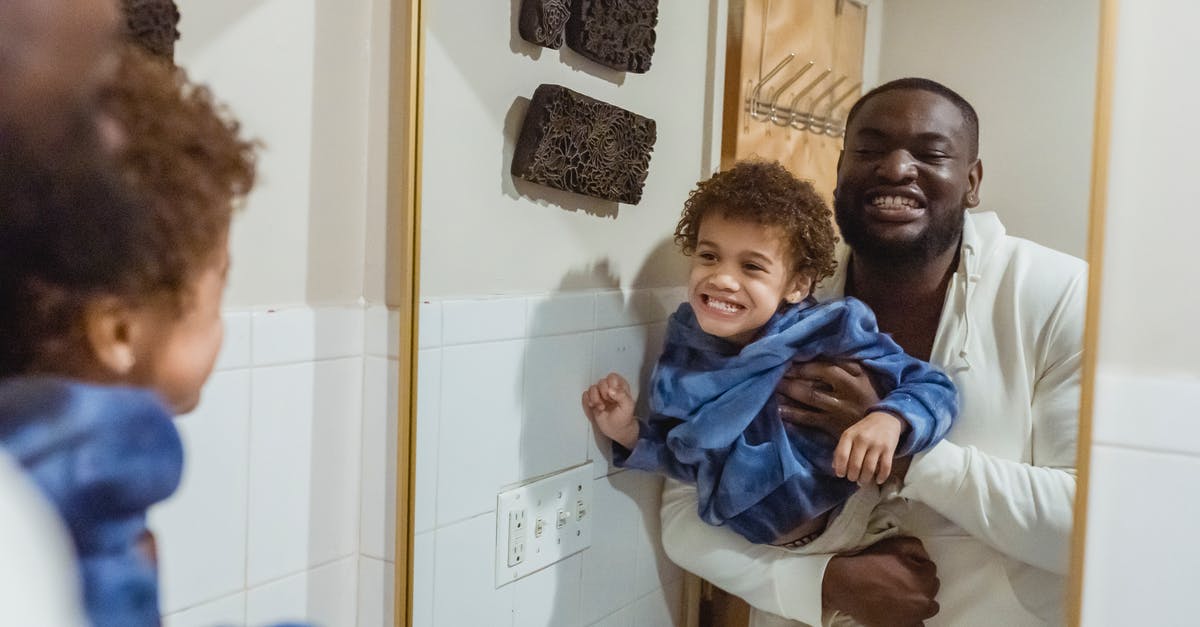 Why some TV shows like morning shows have no ending credits? - Content African American father with son in hands looking at reflection of mirror and showing teeth while standing in bathroom