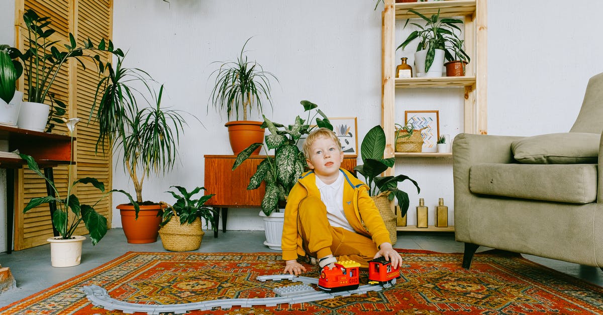 Why the annoying woman with the kid in the train station? - Playful child in casual wear sitting on carpet in cozy living room and playing with plastic railway and train while having fun during weekend