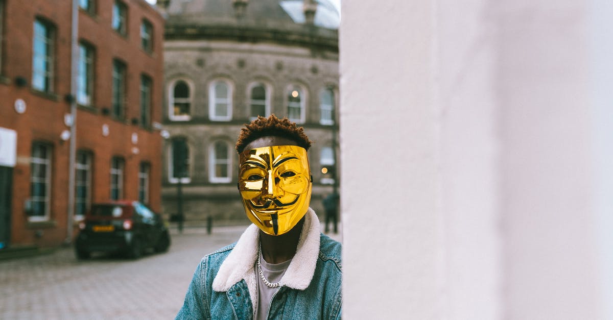 Why was the depiction of the town changed at the end? - Unrecognizable African American activist in golden Anonymous mask standing near building on street in town and looking at camera